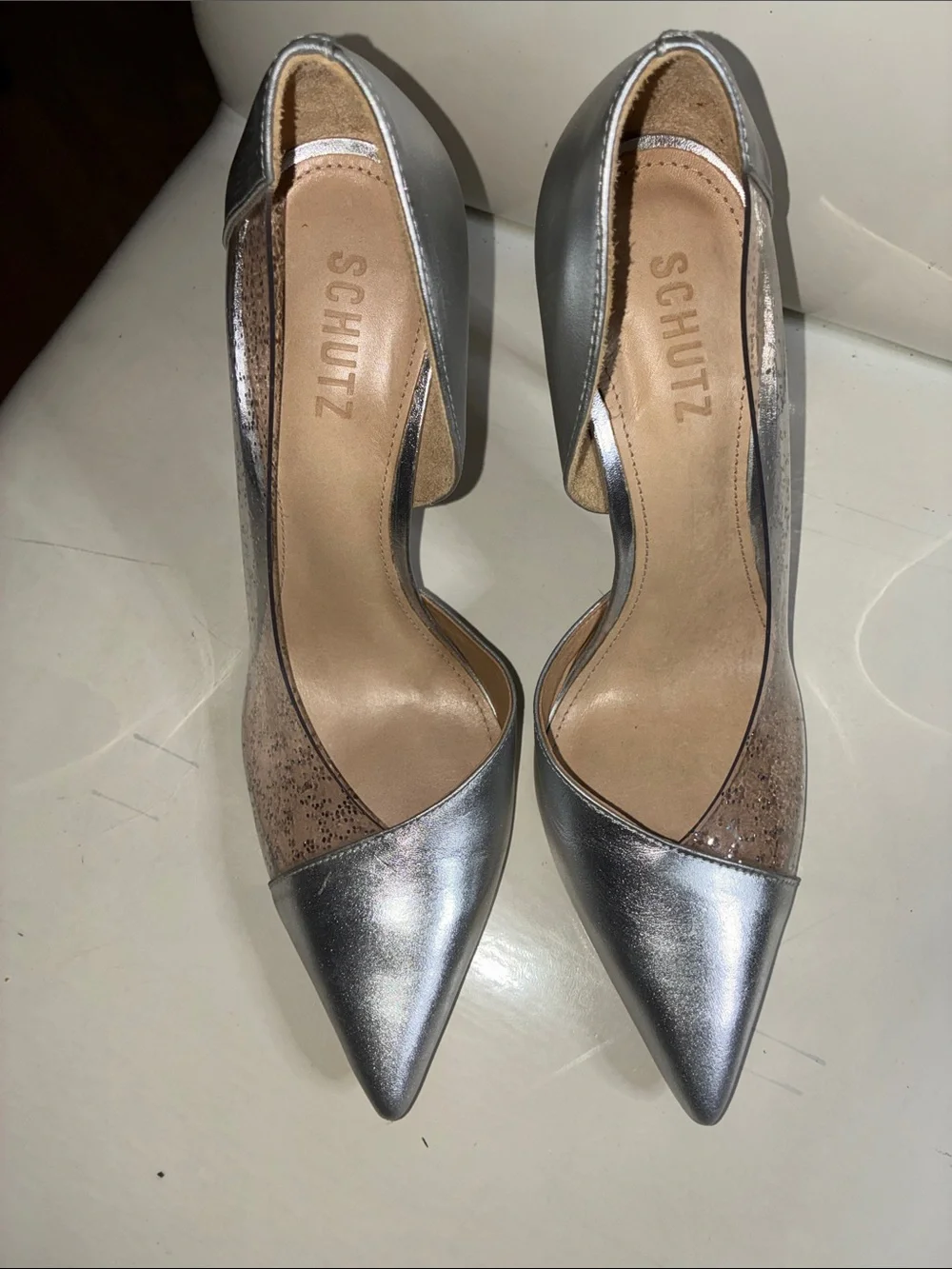 SCHUTZ Metallic Silver Pointed-Toe Cutout Pumps